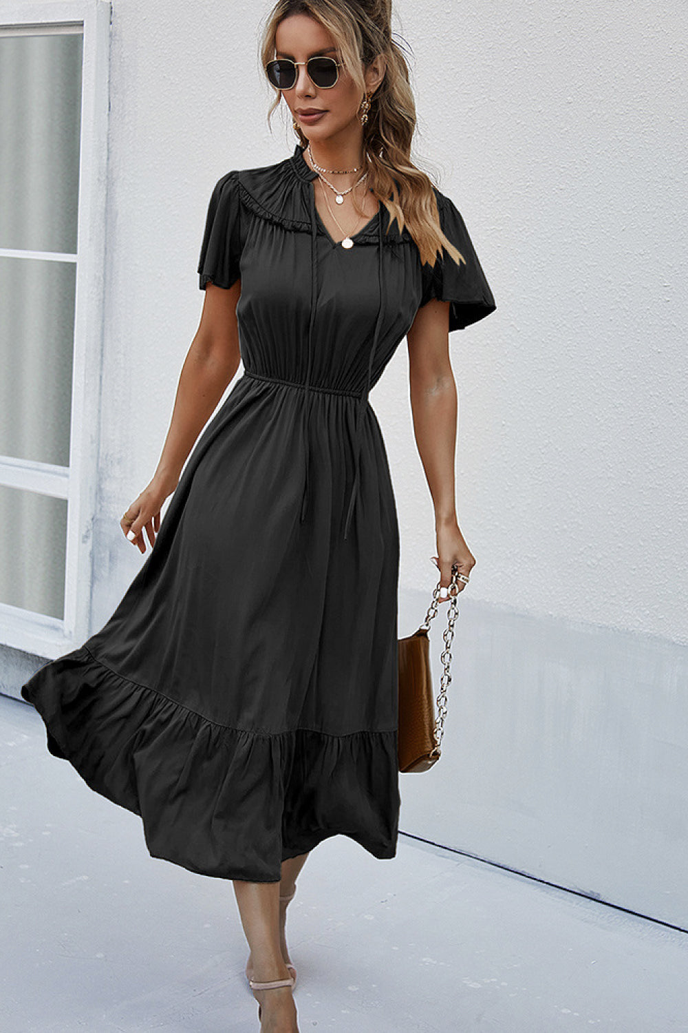 Tie Neck Frill Trim Tiered Midi Dress