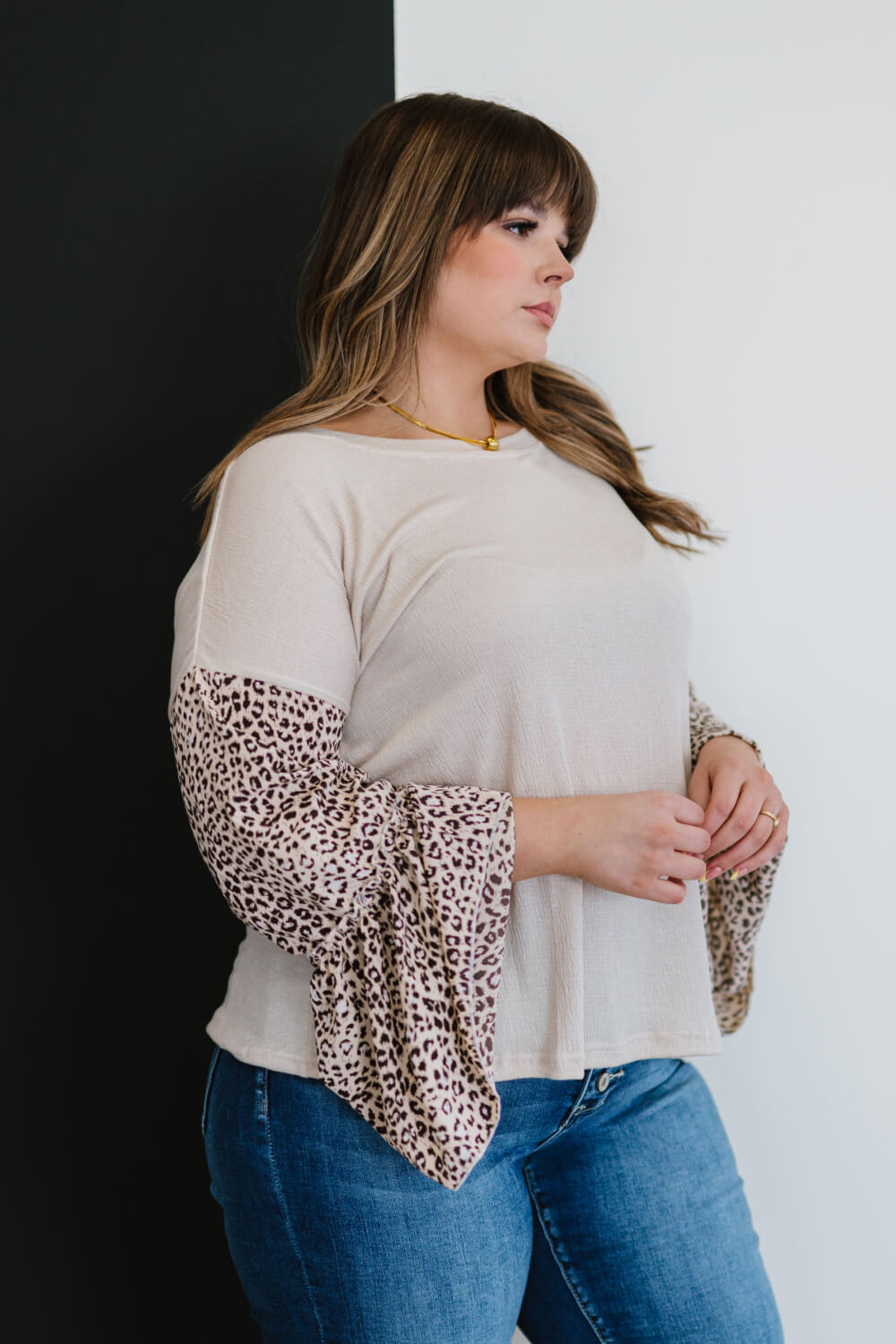 AMOLI Aspire to Inspire Full Size Run Leopard Bell Sleeve Top