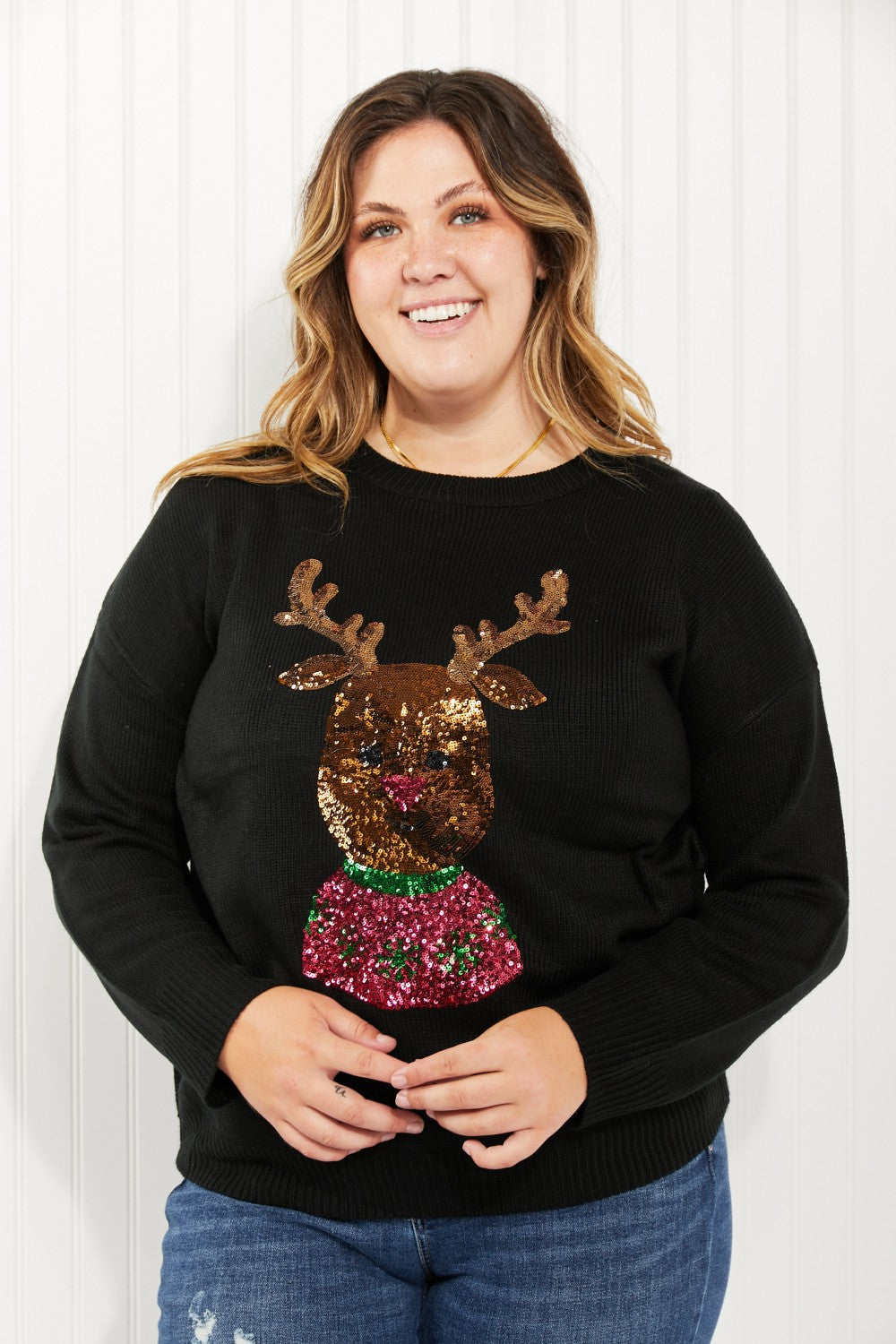 Andree by Unit Christmas Rudolph Full Size Sequin Sweater