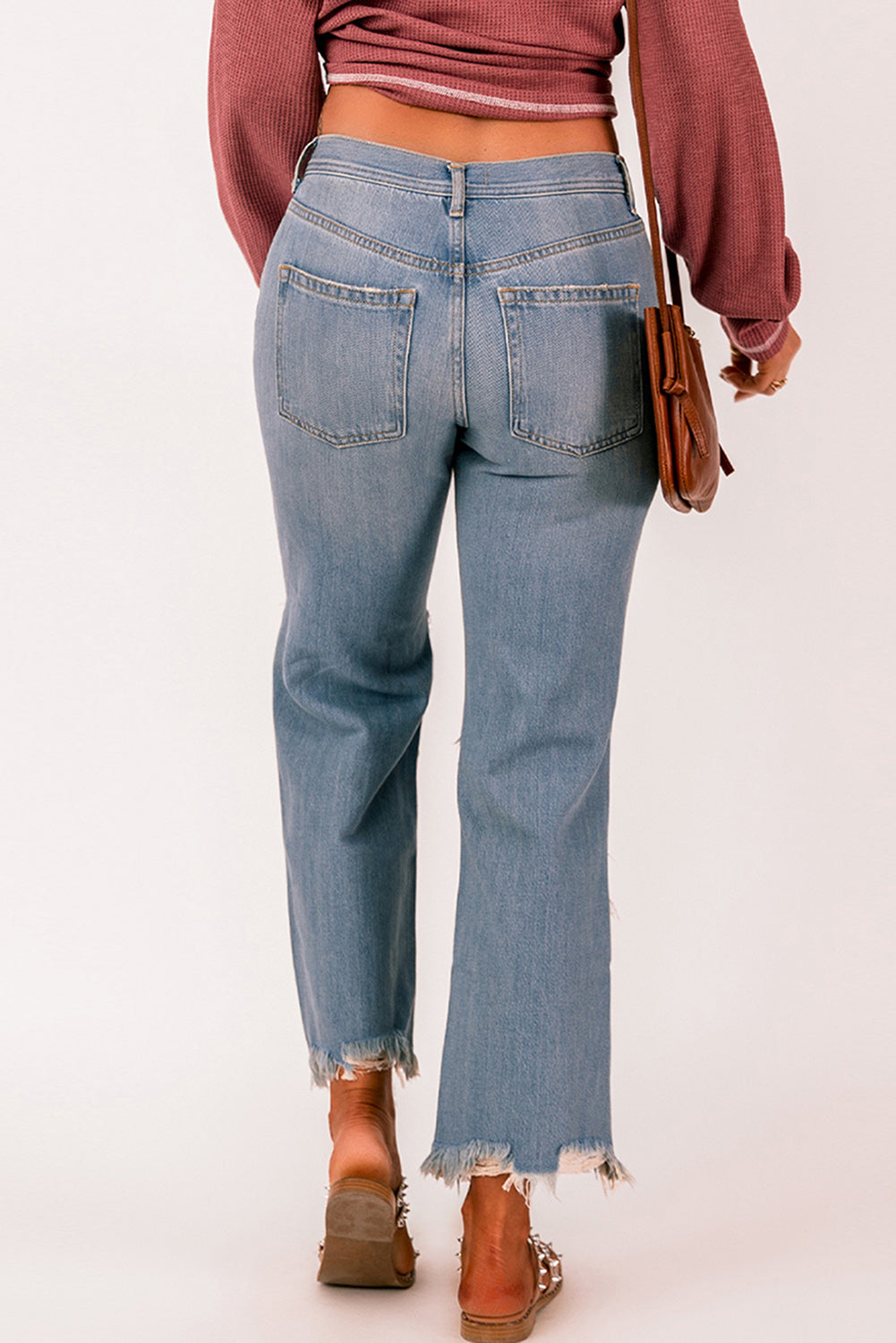 Distressed Frayed Hem Jeans with Pockets