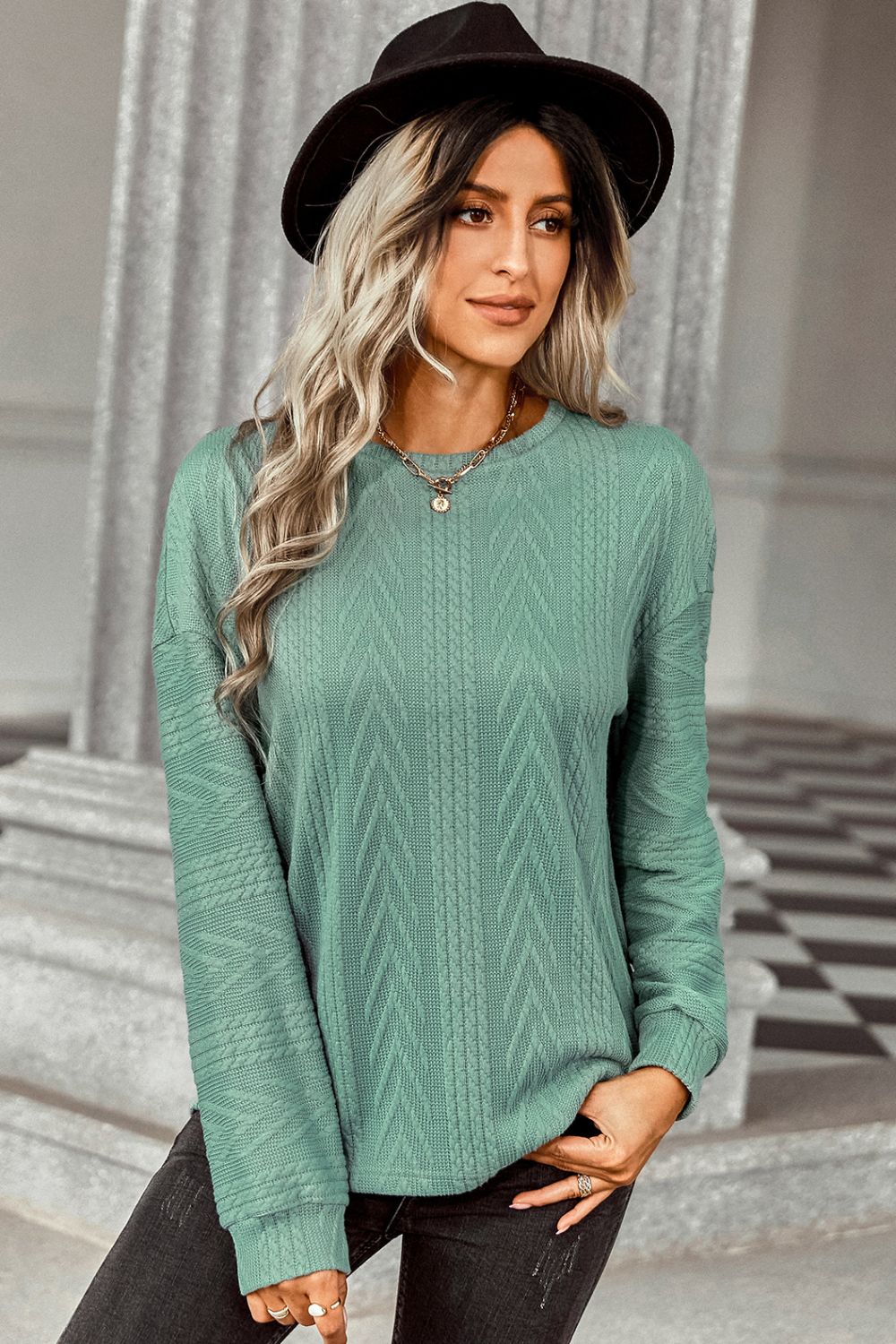 Dropped Shoulder Round Neck Knit Sweater