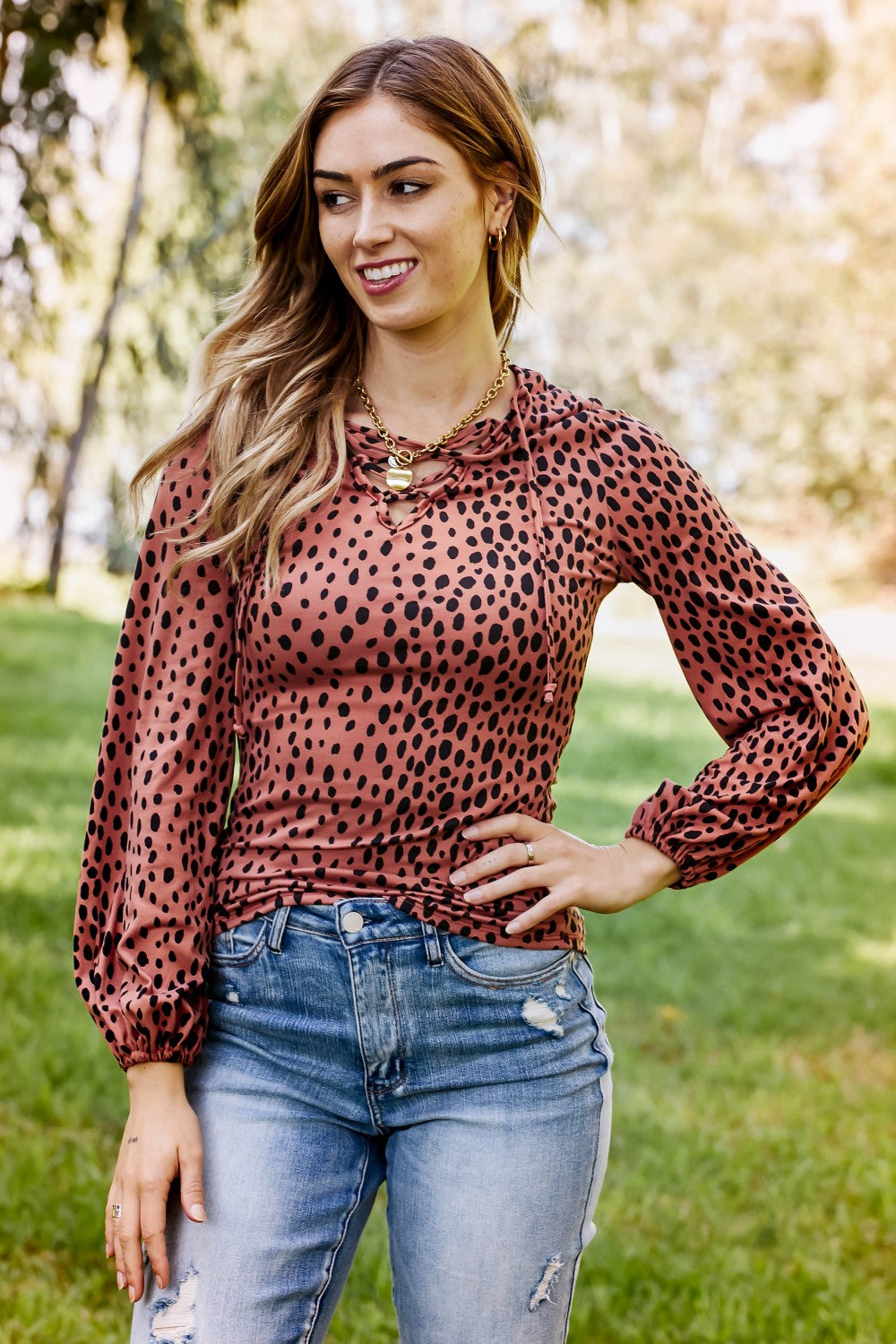 Sugarfox Wild Living  Full Size Leopard Lace-Up Top