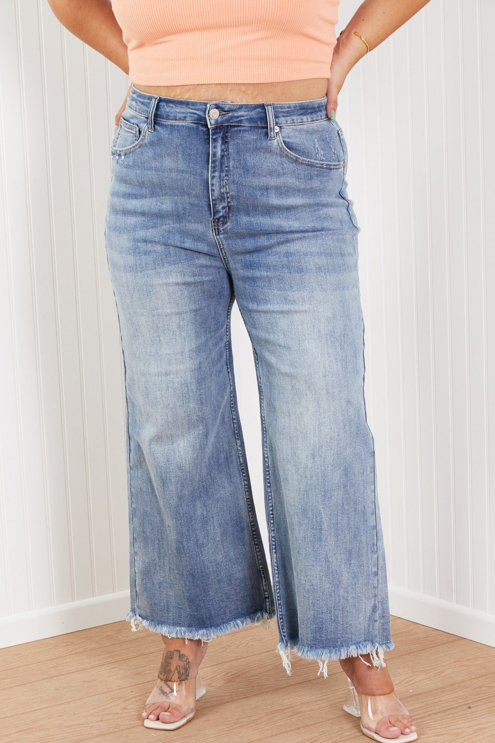 RISEN Fresh Start Full Size Frayed Wide Leg Jeans in Medium