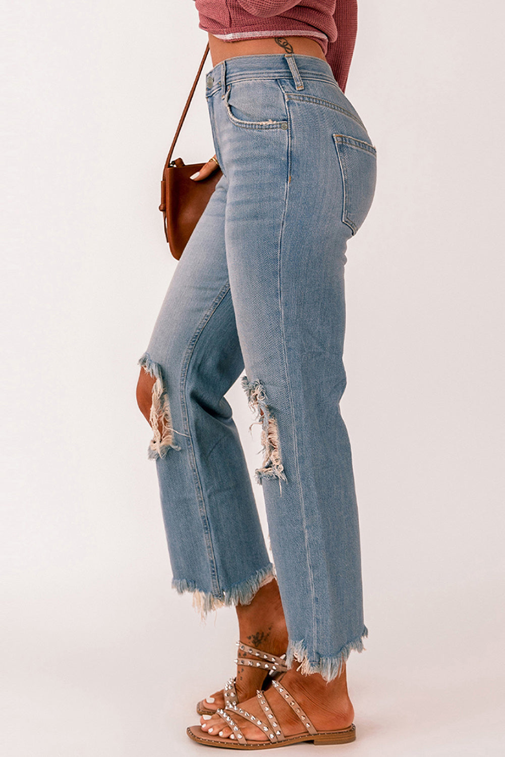 Distressed Frayed Hem Jeans with Pockets