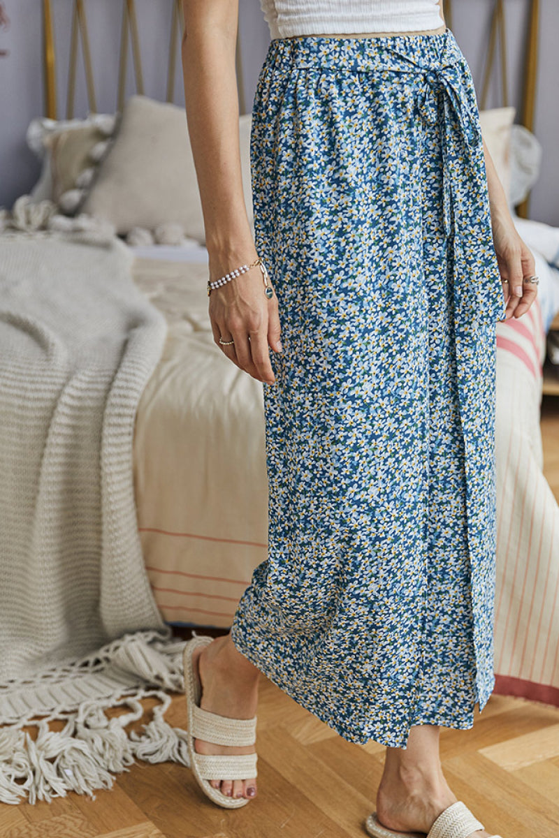 Dainty Floral Tie Waist Wide Leg Pants