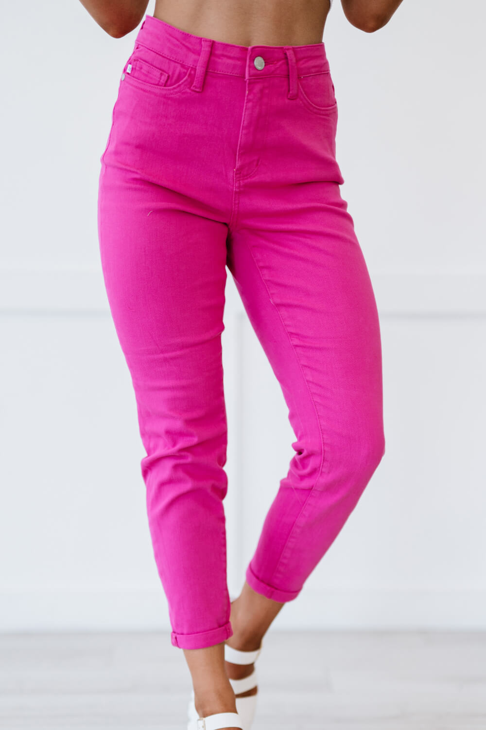 Judy Blue Gabriella Cuffed Slim Fit Jeans in Neon Pink