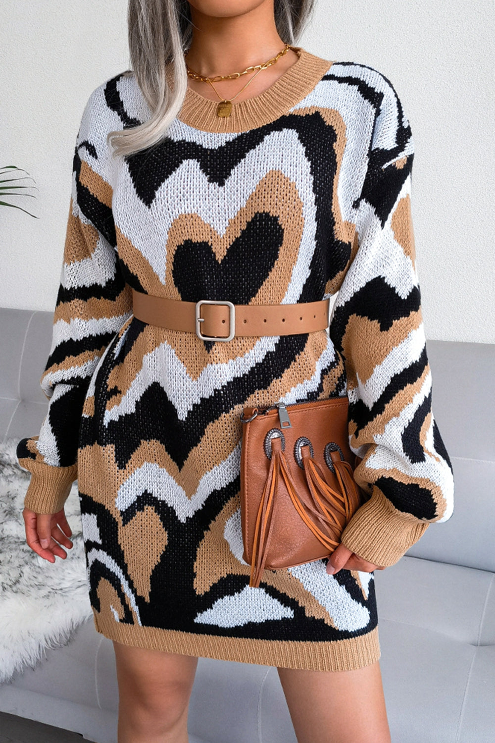 Heart Print Long Sleeve Mini Sweater Dress (Belt Not Included)