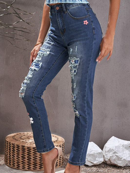 Floral Leopard Print Patchwork Distressed High Waist Jeans