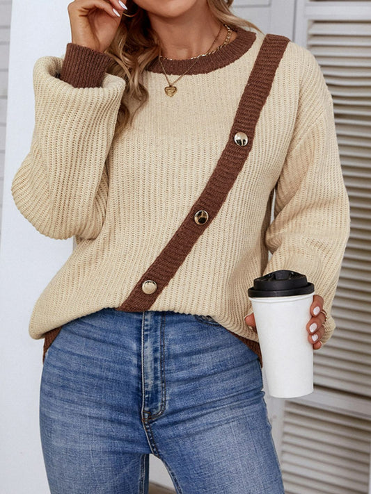 Contrast Button Detail Rib-Knit Sweater