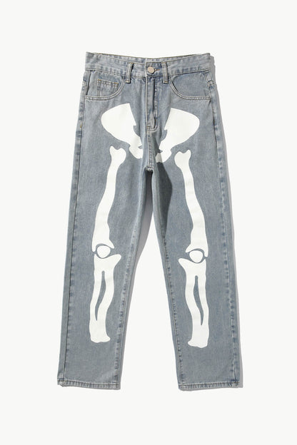 Halloween Skeleton Print Wide Leg Jeans