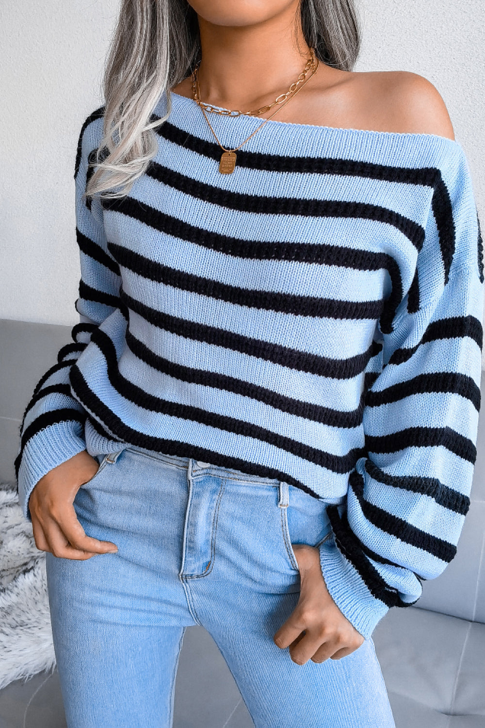 Striped Boat Neck Long Sleeve Sweater