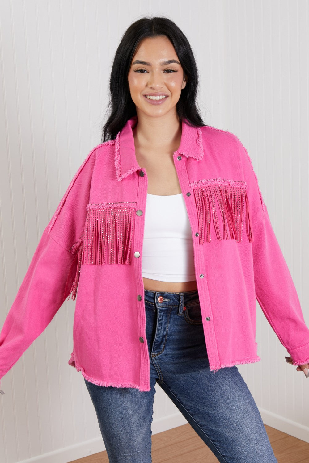 GeeGee Southwest Full Size Rhinestone Fringe Detail Shirt Jacket