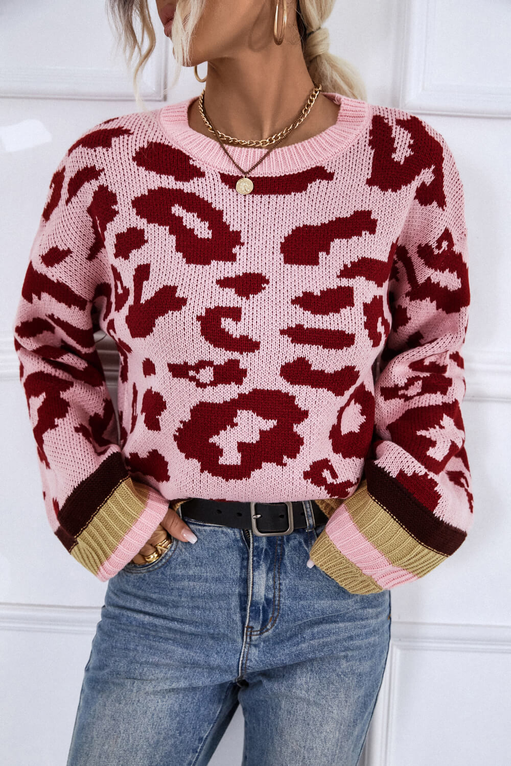 Leopard Striped Round Neck Sweater