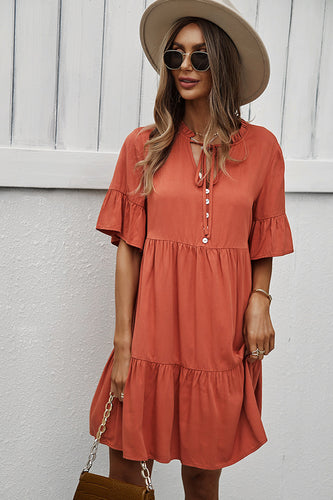 Button Front Tiered Tie Neck Mini Dress