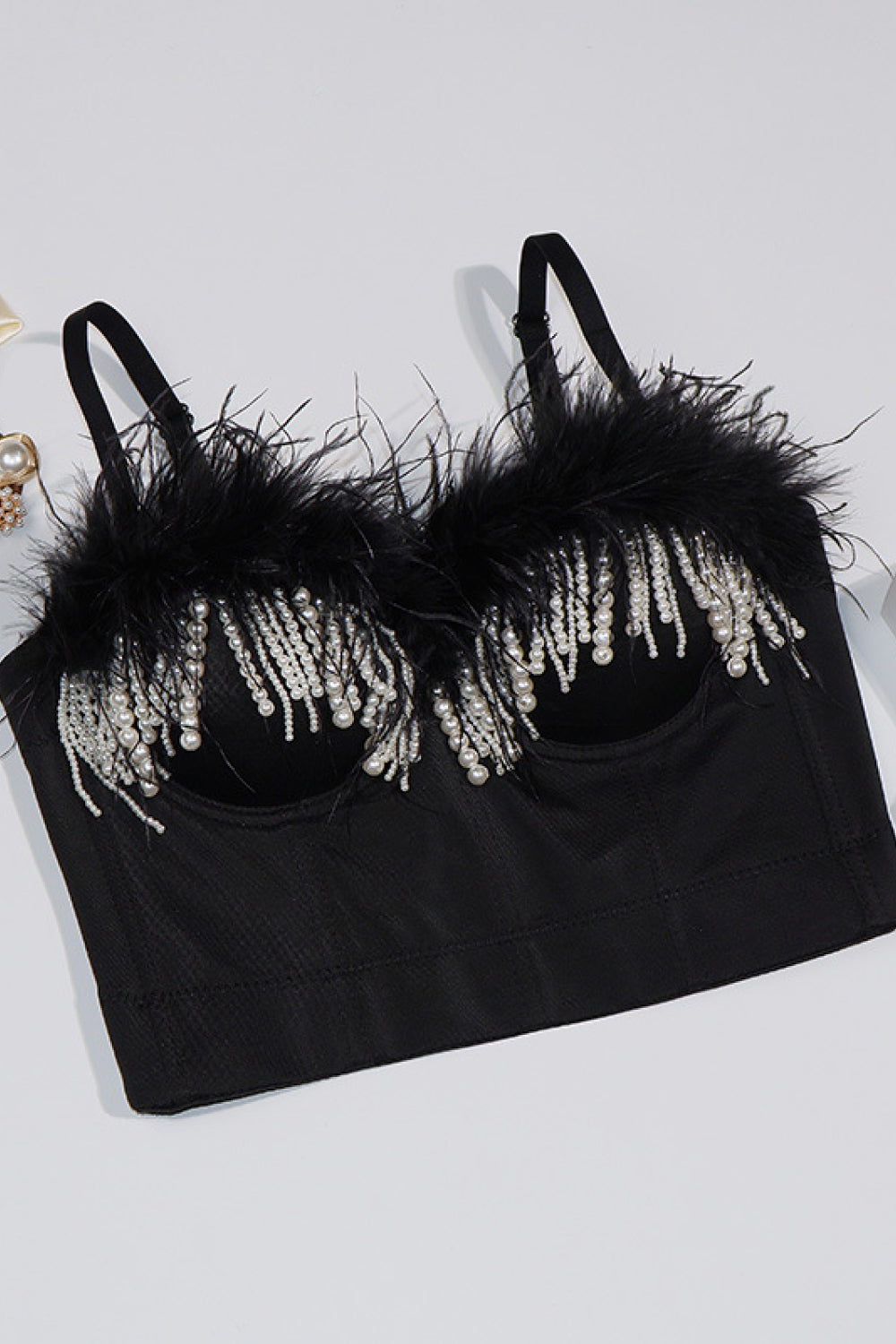 Faux Pearl Fringe and Feather Trim Bustier