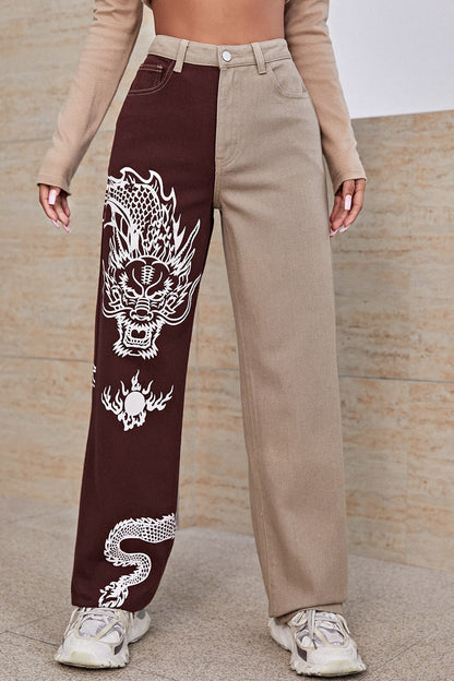 Dragon Graphic Color Block Straight Leg Pants