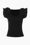 Ruffle Shoulder Scoop Neck Ribbed Top