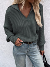 Load image into Gallery viewer, Collared Lantern Sleeve Rib-Knit Sweater
