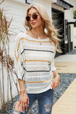 Striped Openwork Three-Quarter Sleeve Knit Top