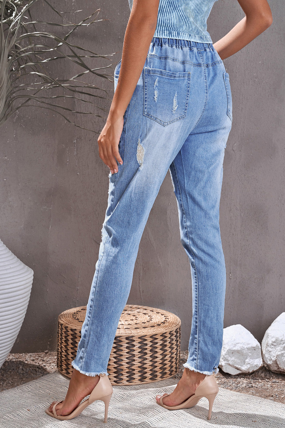 Distressed Frayed Drawstring Waist Jeans