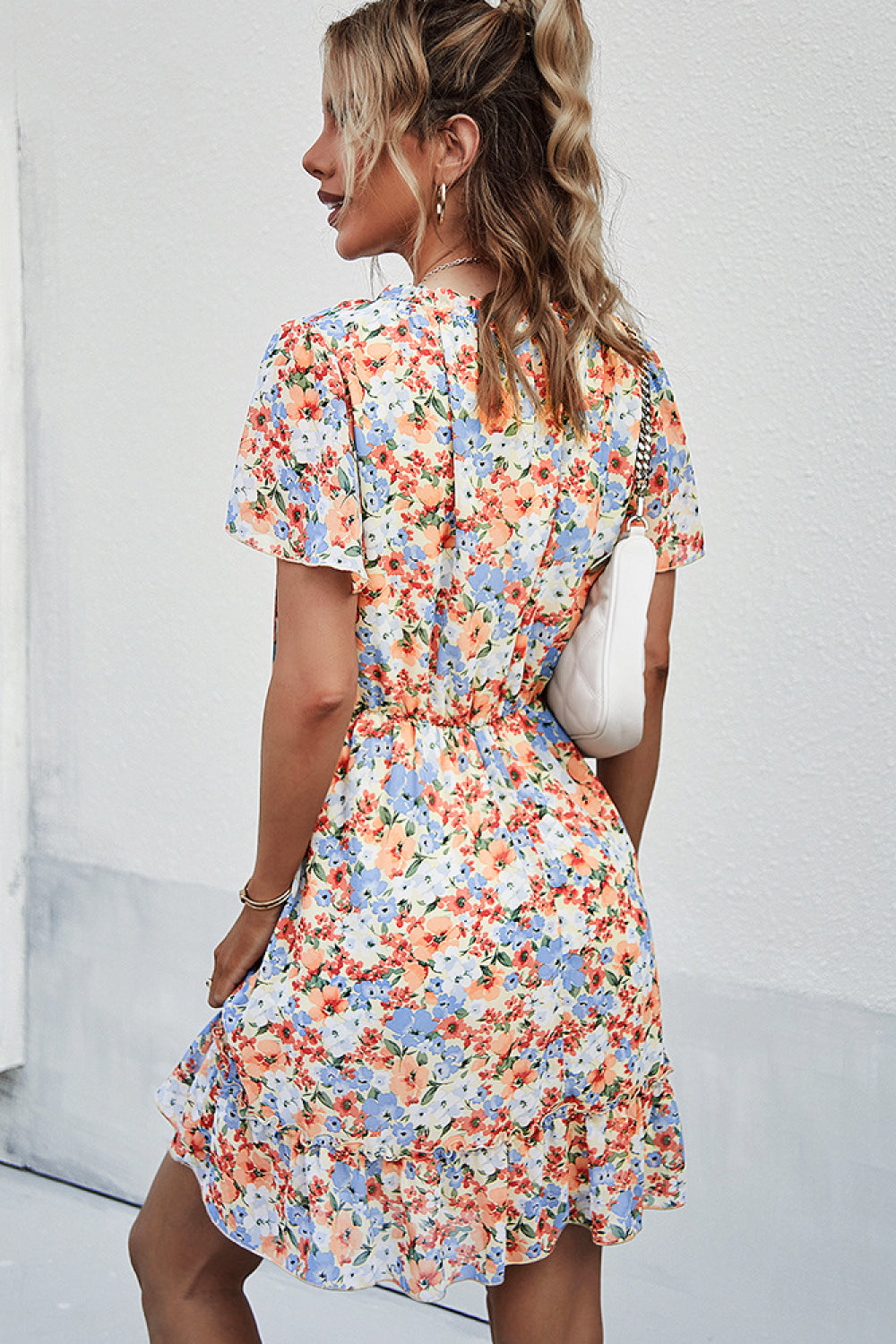 Floral Tie Neck Elastic Waist Mini Dress