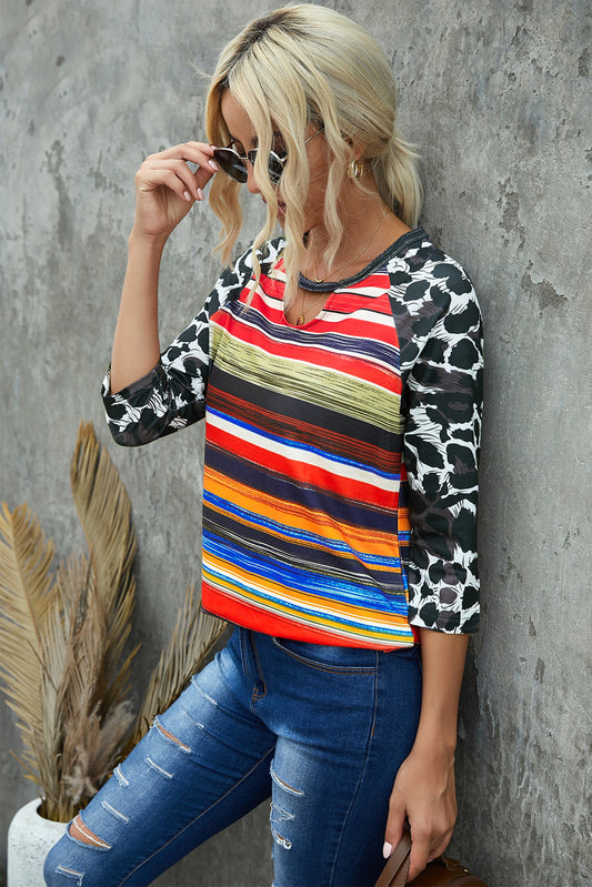 Mixed Print Cutout Three-Quarter Sleeve Top