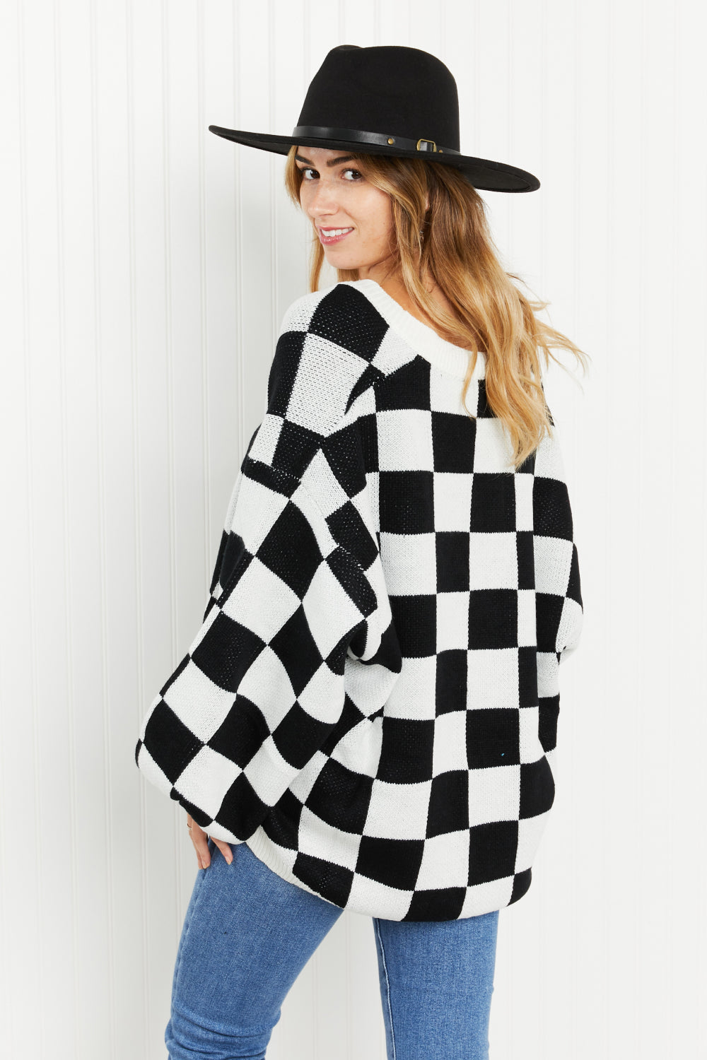 Davi & Dani Reality Check Full Size Checkered V-Neck Sweater