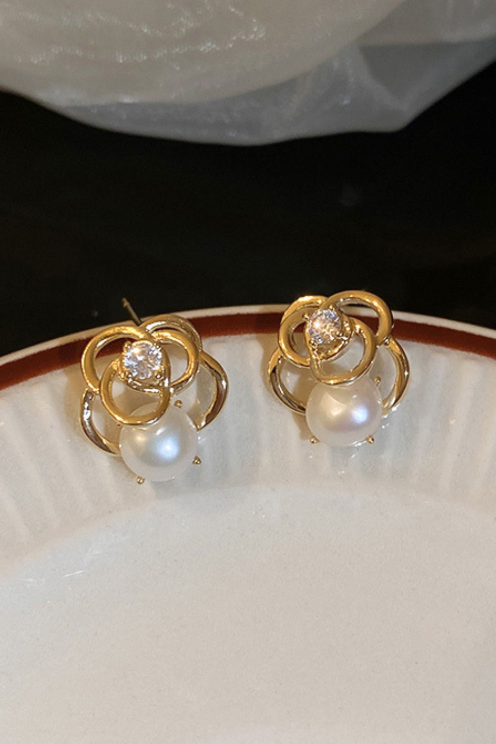 Rhinestone and Pearl Rose Stud Earrings