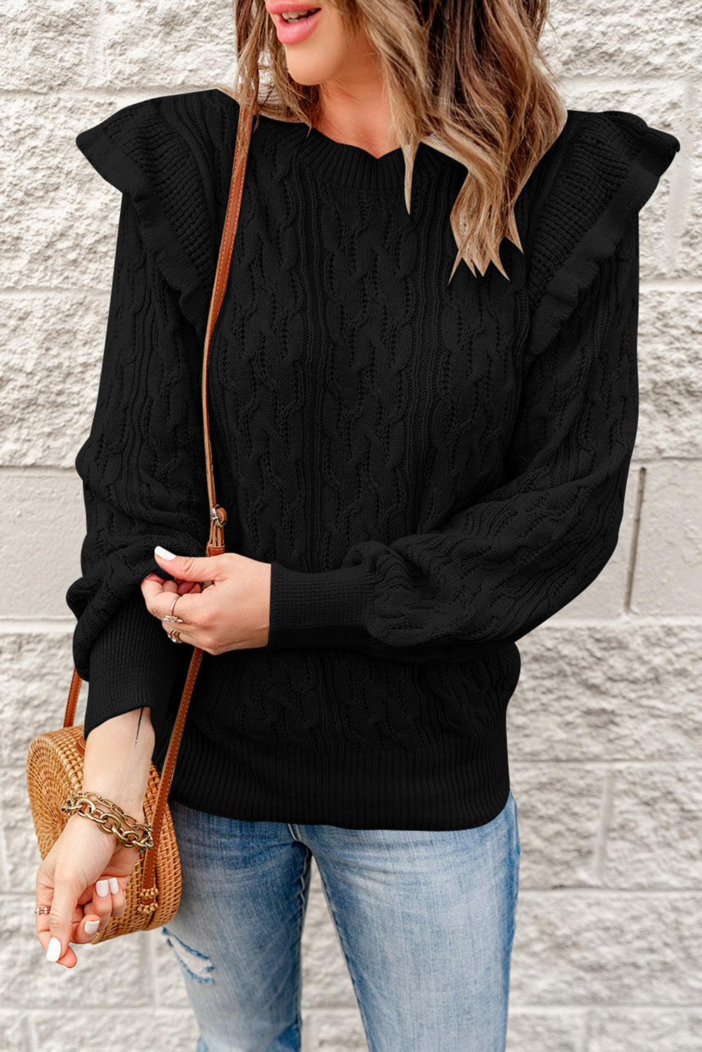 Ruffle Shoulder Cable-Knit Sweater