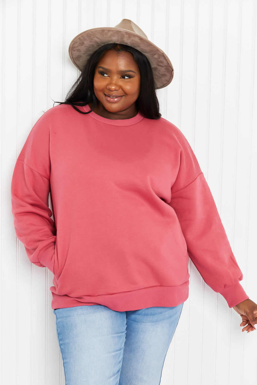 Zenana Making S'mores Full Size Crewneck Sweatshirt with Side Pockets