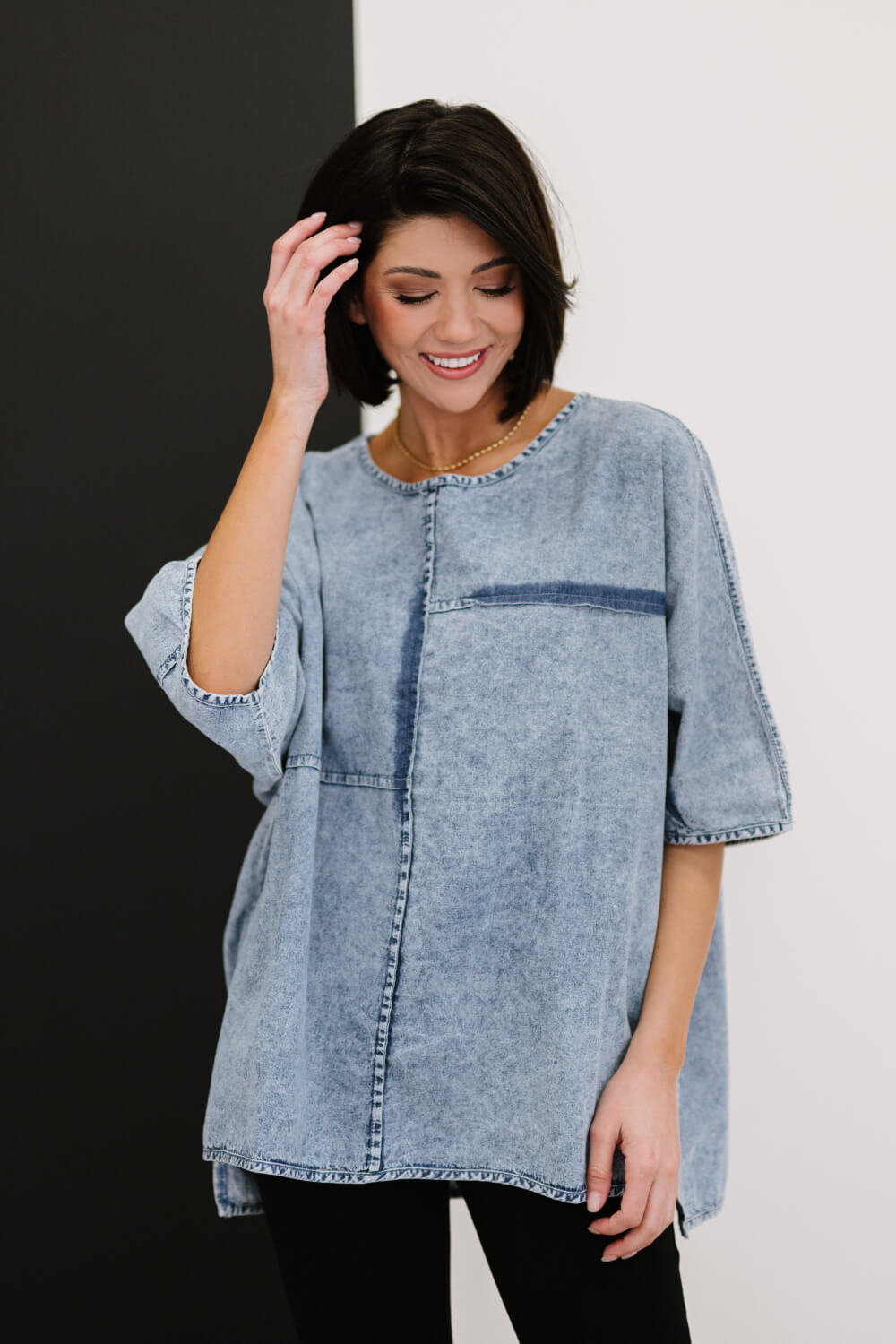 Zenana Out of the Blue Full Size Run Chambray High-Low Top