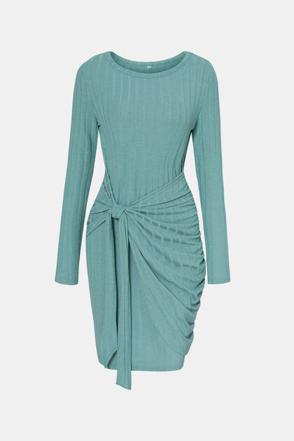 Tied Long Sleeve Ribbed Dress