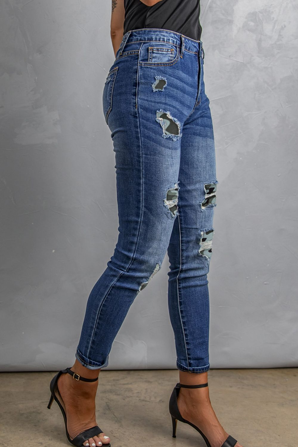 Patchwork Skinny Jeans with Pockets