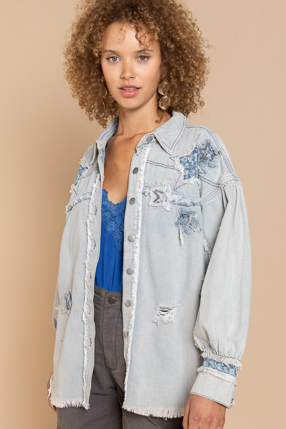 POL Star Patch Distressed Fringe Button-Up Denim Jacket in Light Denim