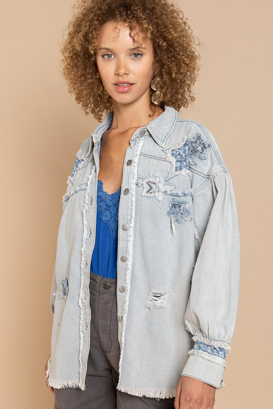 POL Star Patch Distressed Fringe Button-Up Denim Jacket in Light Denim