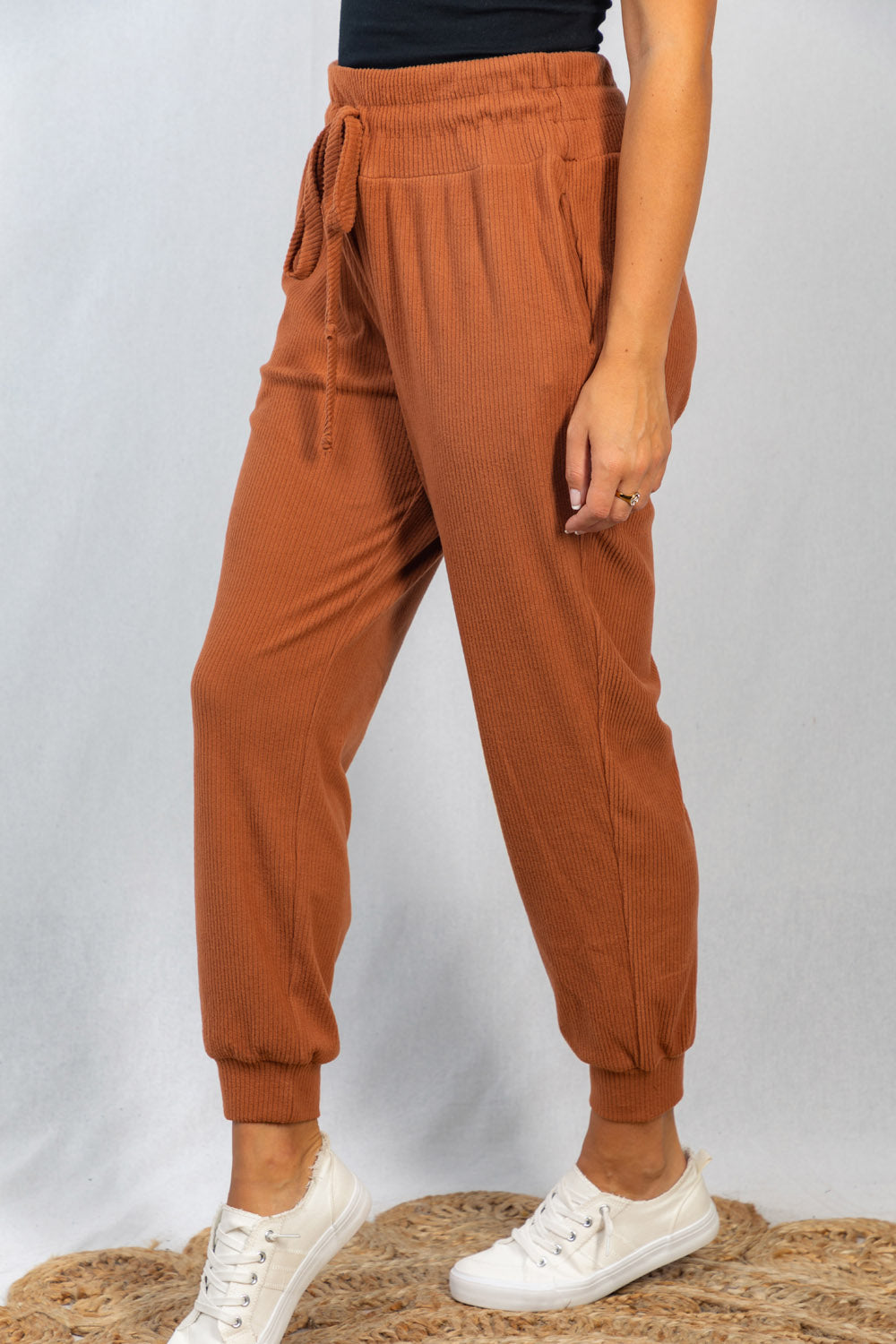 White Birch Full Size Drawstring Waist Rib-Knit Joggers with Pockets in Rust