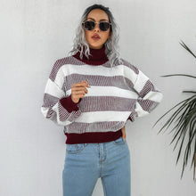 Load image into Gallery viewer, Striped Ribbed Trim Lantern Sleeve Turtleneck Sweater
