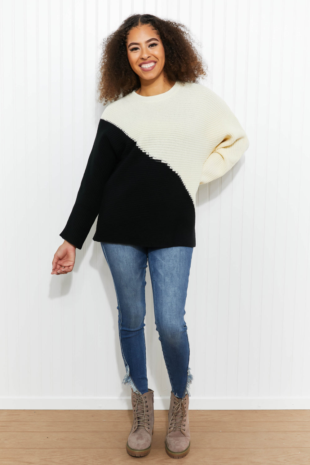 CY Fashion Half-and-Half Full Size Color Block Sweater