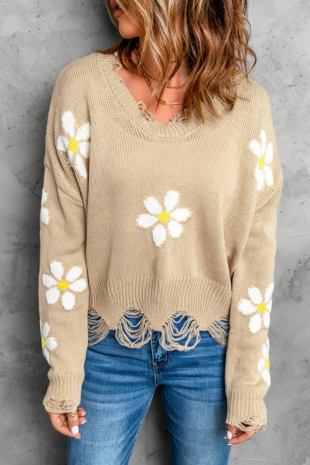 Floral Ribbed Trim Distressed Sweater