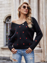 Load image into Gallery viewer, Heart Print V-Neck Dropped Shoulder Sweater
