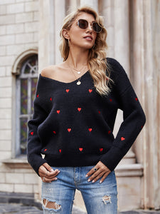 Heart Print V-Neck Dropped Shoulder Sweater