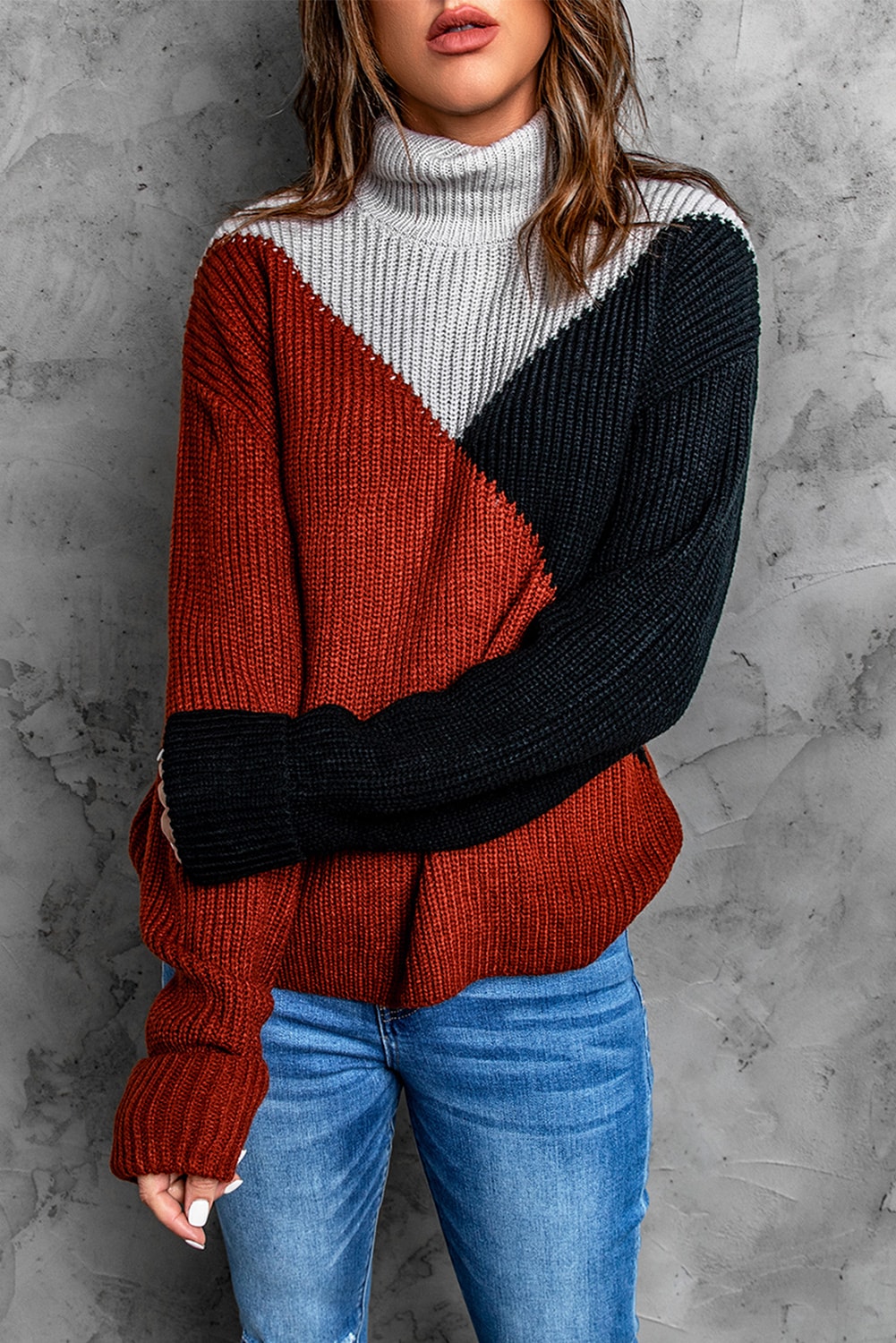 Tricolor Color Block Turtleneck Sweater