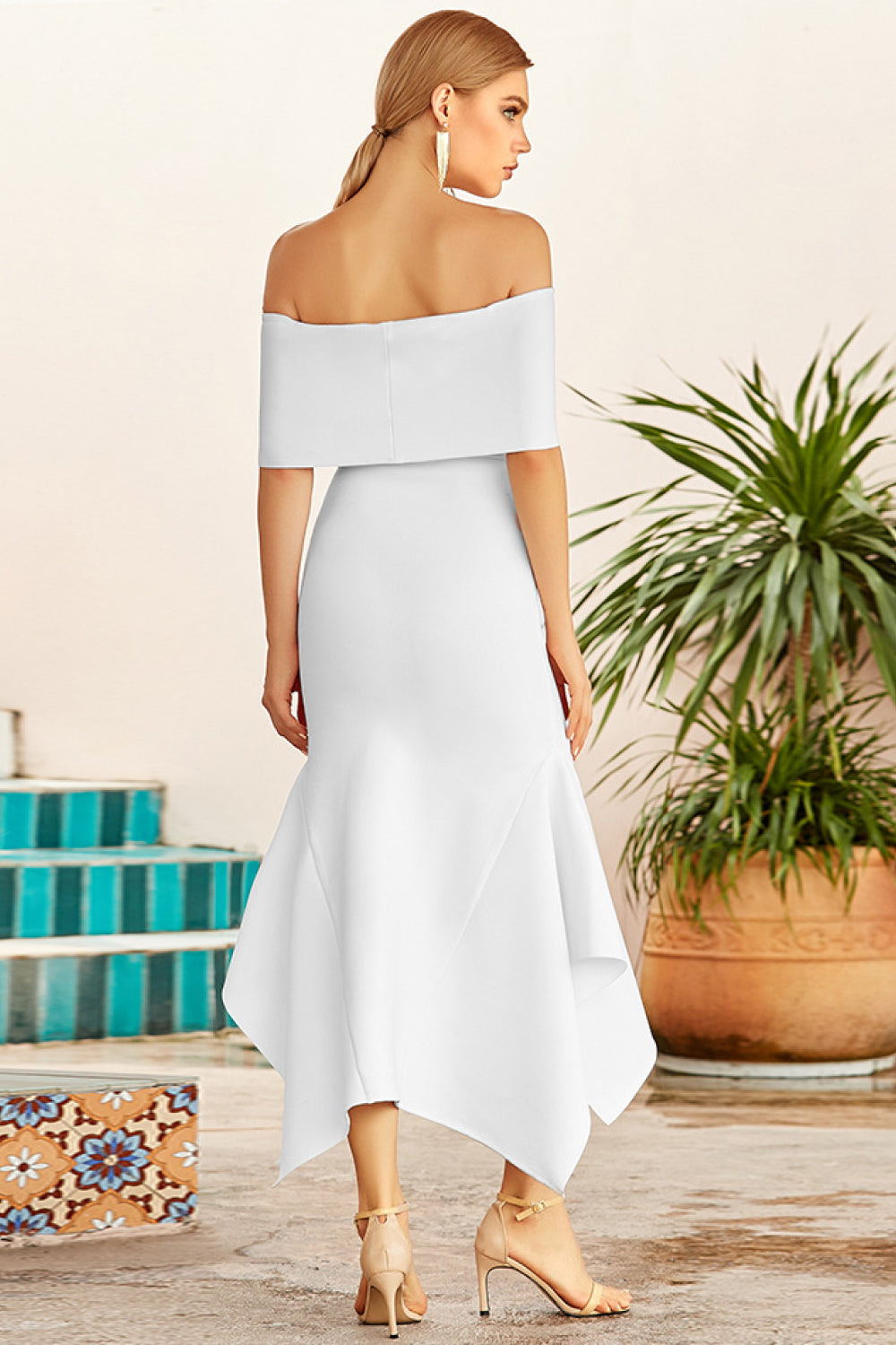 Off-Shoulder Ruffle Hem Midi Dress