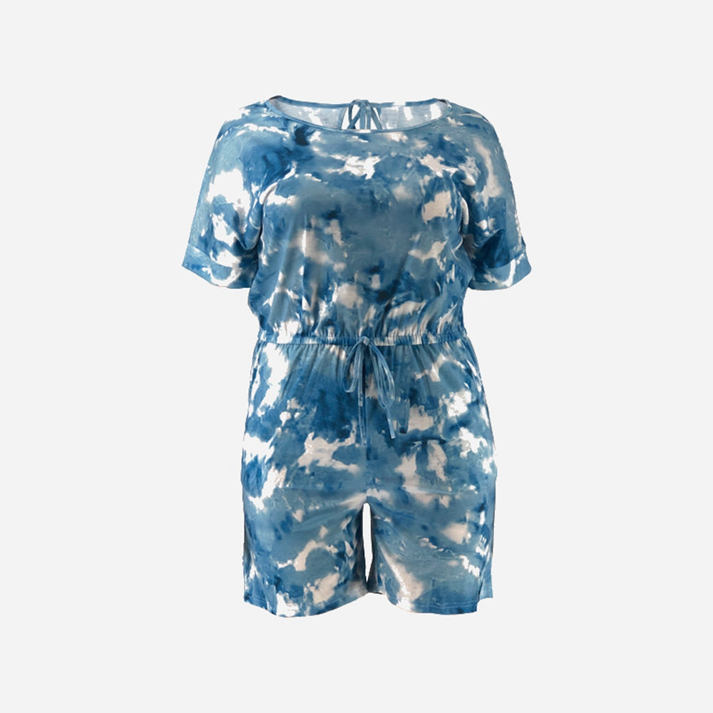 Full Size Tie-Dye Round Neck Romper with Pockets