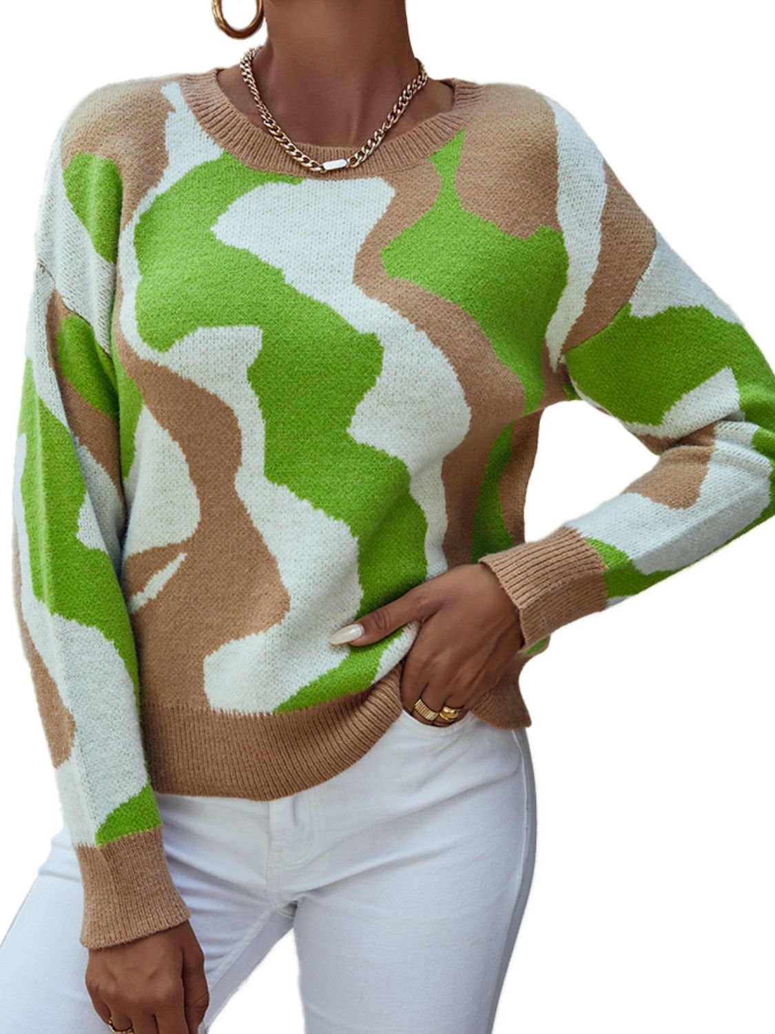 Abstract Round Neck Dropped Shoulder Sweater