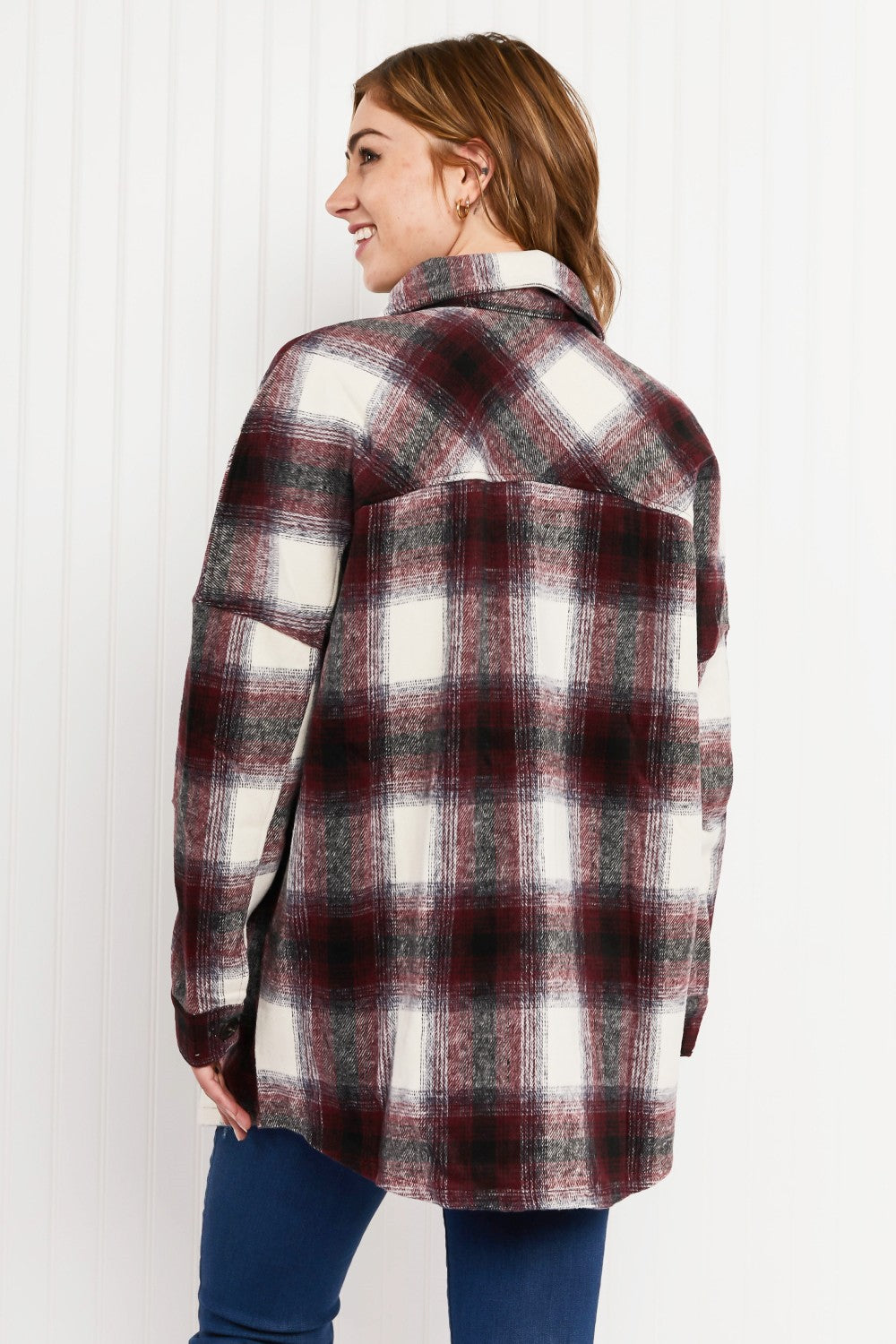 Zenana Autumn Evening Full Size Plaid Longline Shacket in Burgundy