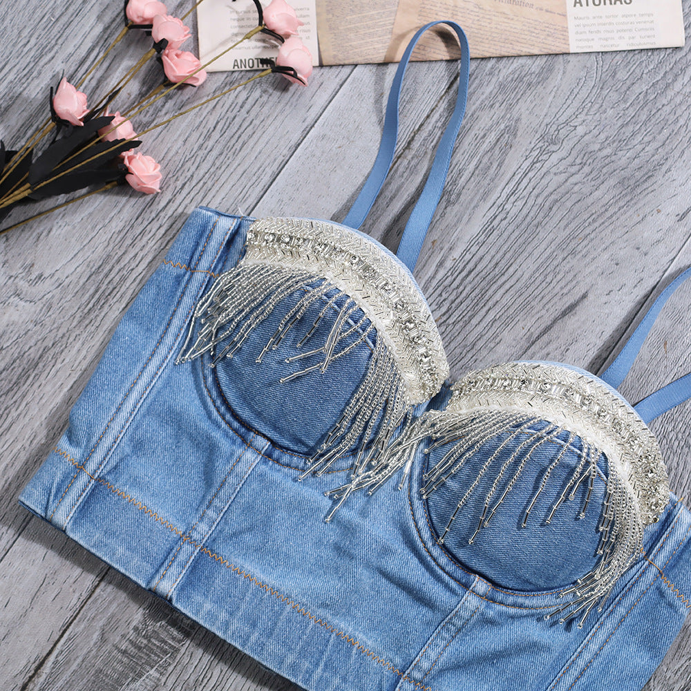 Beaded Fringe Denim Bustier