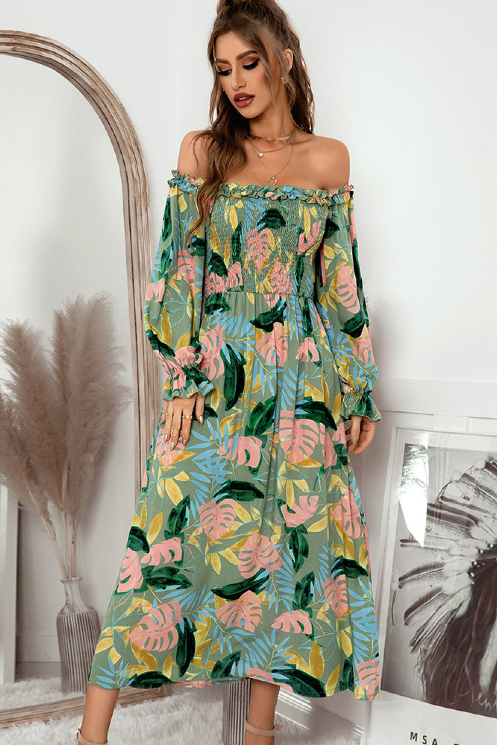 Botanical Print Off-Shoulder Side Slit Midi Dress