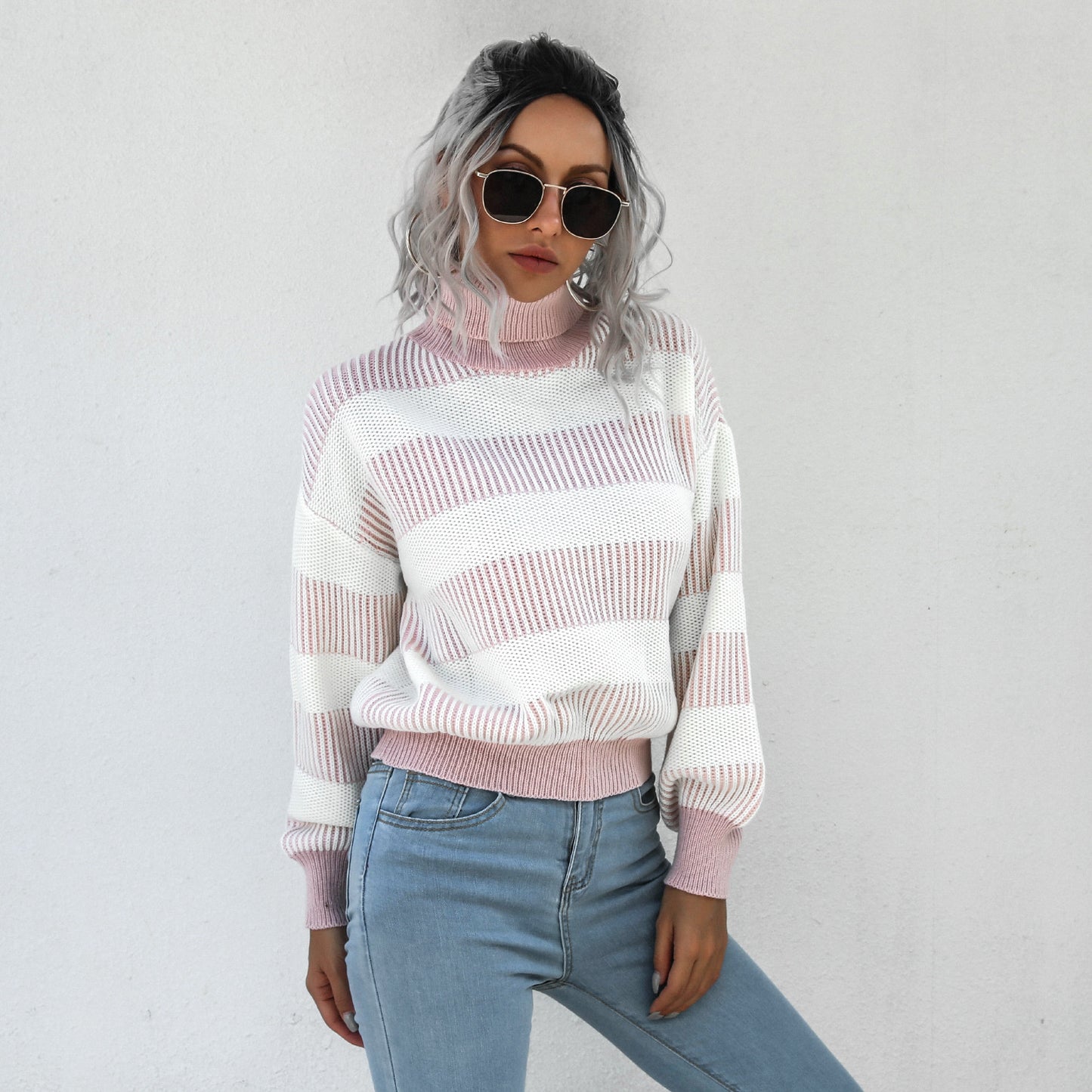 Striped Ribbed Trim Lantern Sleeve Turtleneck Sweater