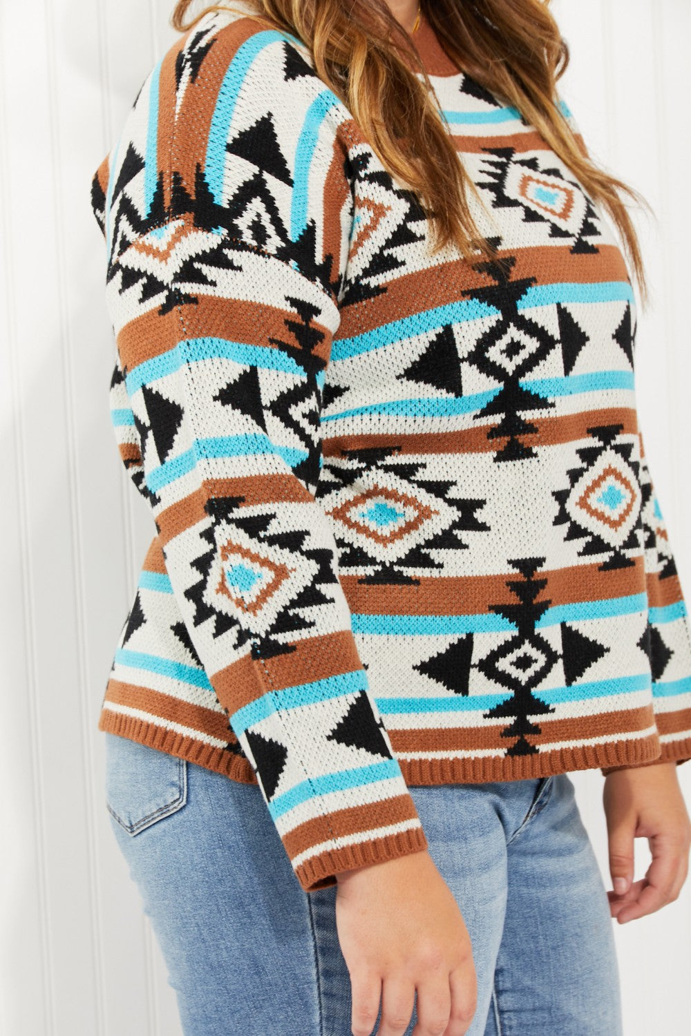 Andree by Unit Southwestern Sunset Full Size Geometric Mock Neck Sweater